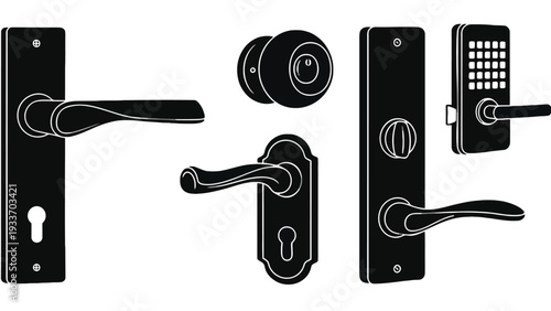 Door lock and handle set in a black vector illustration style