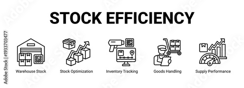 Stock Efficiency web banner icon concept, with Warehouse Stock, Stock Optimization, Inventory Tracking, Goods Handling.