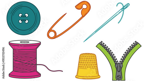 Sewing button vector illustration with safety pin and colorful thread spool