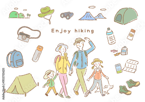 ハイキングを楽しむ家族とハイキング道具の手描き風イラストセット