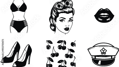 A pinup girl themed vector illustration set with iconic symbols
