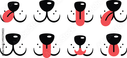Collection of Eight Stylized Dog Muzzle Icons with Red Tongues on White silhouette cartoon