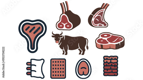 Meat vector icons including steak, beef, and cow illustration set