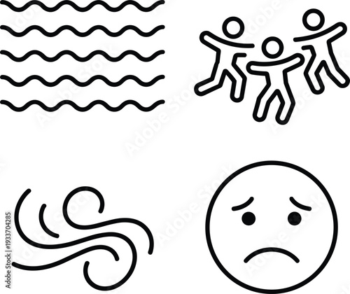 Four Icons Depicting Waves Wind Sad Face and Falling People symbol water