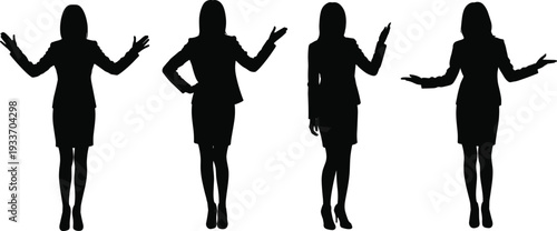 Four Silhouette Businesswomen Posing with Open Arms on White Background businesswoman gesture
