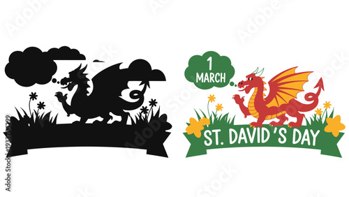 Dragon silhouette and colorful illustration for St. David's Day celebration