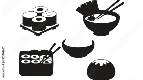 Sushi vector icons including rolls and bowl with chopsticks