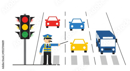 Traffic Policeman Directing Vehicles at Crossroads.