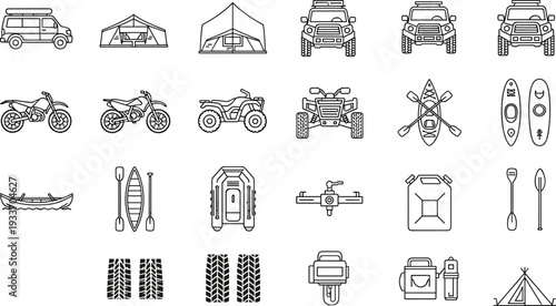 Camping and outdoor adventure vehicle icon set, tent, SUV, ATV, canoe, kayak and off road equipment ient illustration