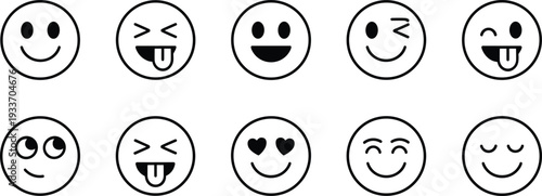 Set of ten black and white smiley face emoticons with different expressions Keywords: emoticon, emoji, smiley, face, expression
