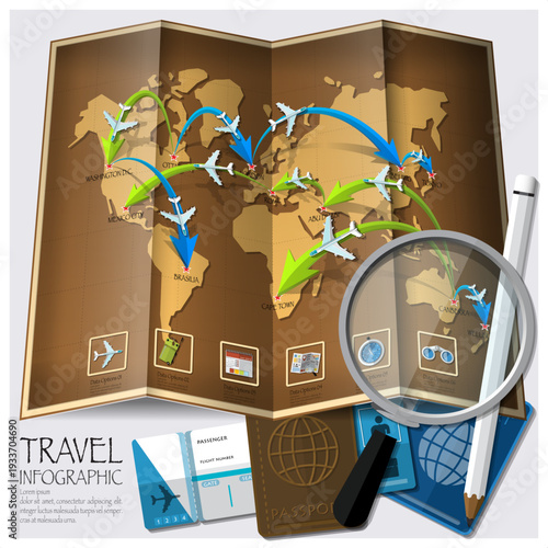 Vintage Global Travel Infographic Set. Vector Illustration of World Map with Flight Paths, Passports, and Boarding Passes