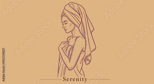 Elegant woman wrapped in towel serene pose line art.