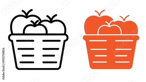 Apple basket icon with fruit illustration in black and orange colors