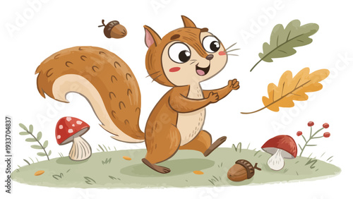 Playful cartoon squirrel dancing in forest with mushrooms and leaves