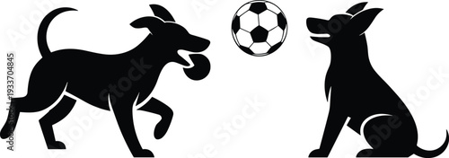 Silhouette of two dogs playing with a soccer ball on a white background puppy animal