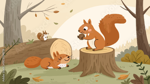 Adorable squirrels playing in autumn forest scene