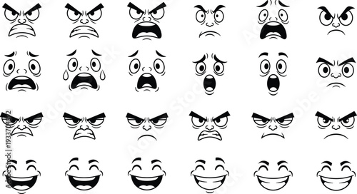 Cartoon emotion faces set, angry sad scared happy expressions vector illustration isolated on white background design