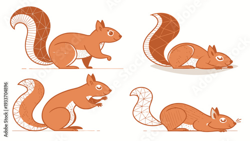 Set of geometric squirrels in various poses and tail designs