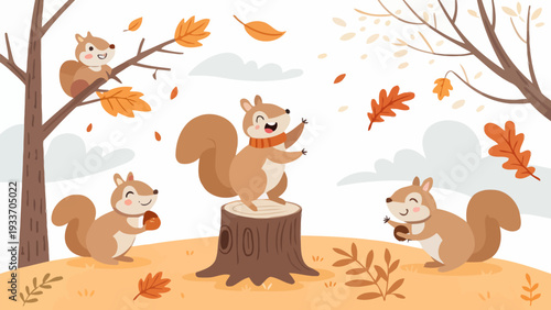 Playful squirrels enjoying autumn leaves in forest