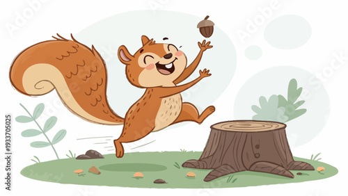 Playful squirrel jumping with acorn in forest clearing