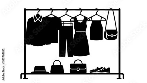 Clothing silhouette vector illustration of a rack with fashion items