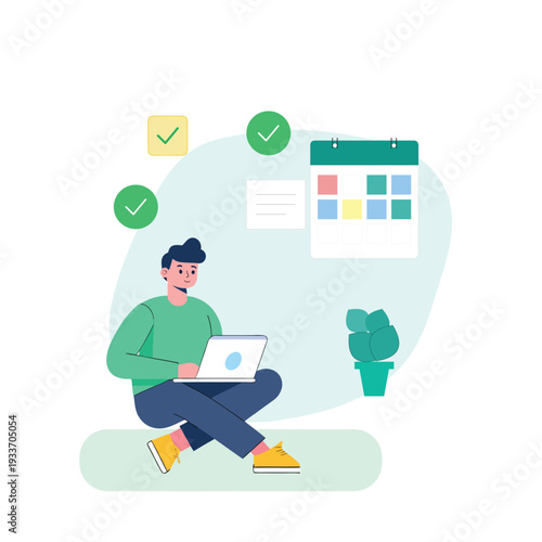 Man using laptop with calendar and checkmark icons