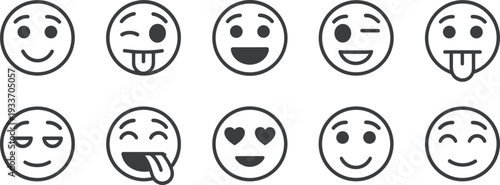 Ten grey filled emoticons with various facial expressions and emotions Keywords: emoticon, emoji, smiley, face, expression