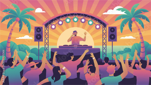 People dancing at outdoor music festival with dj at sunset palm trees and colorful lights