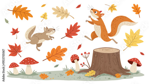 Whimsical squirrels playfully jumping amidst colorful autumn leaves