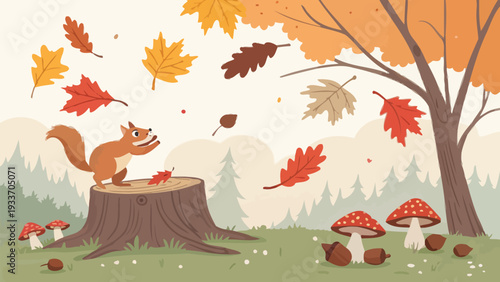 Whimsical squirrel playing among vibrant autumn leaves in forest