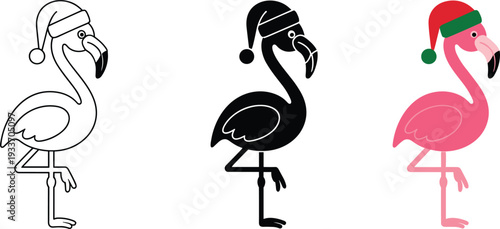 Three flamingo illustrations in different styles wearing Santa hats for Christmas bird animal