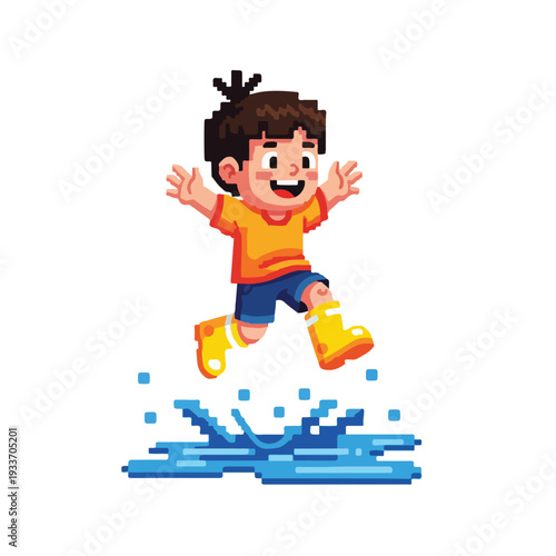 Happy child jumping in puddle splashing water on a rainy day