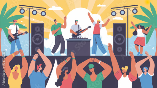 Vibrant outdoor concert scene with lively band performing on stage surrounded by enthusiastic crowd and tropical elements