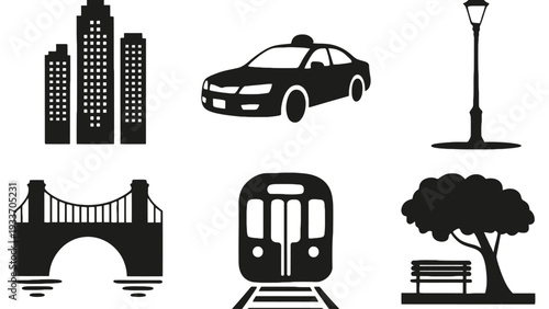 City silhouette icons including buildings, car, street lamp, bridge, train, and tree