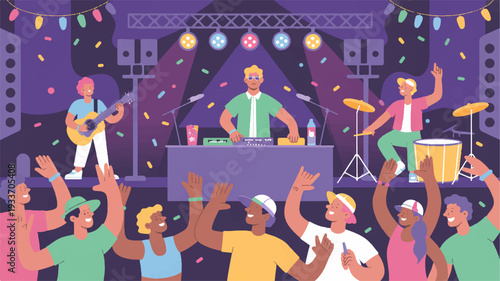 Lively music festival crowd dancing with band performing on stage at night with colorful lights