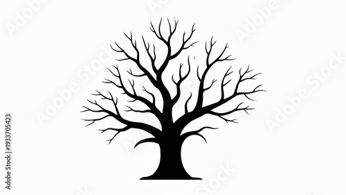 Bare tree silhouette with sprawling branches on white background symbolizing winter or death