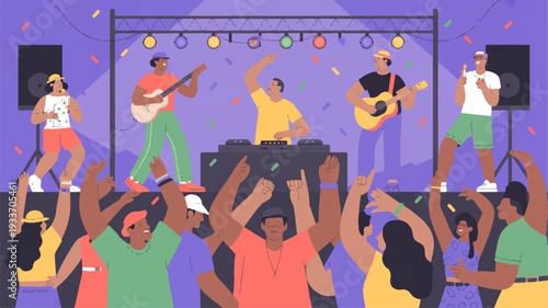 Vibrant music festival crowd enjoying live band performance on stage with colorful lights