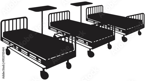 Hospital bed silhouette illustration with medical equipment and wheels