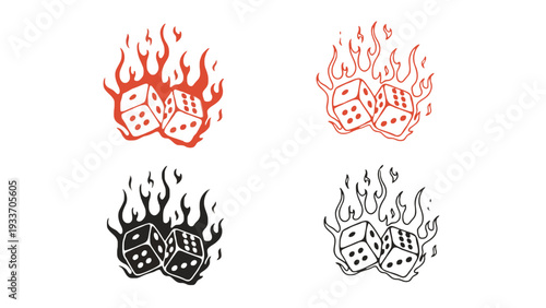 A set of dice icon illustrations surrounded by flames in different colors