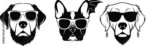 Cool dog faces with sunglasses set, stylish canine mascot vector illustration isolated on white background design
