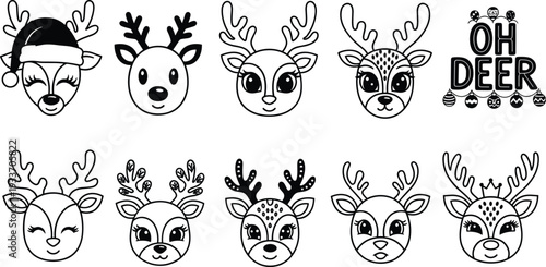 Cute Christmas deer faces collection, reindeer cartoon character icons set with antlers festive vector illustration black and white