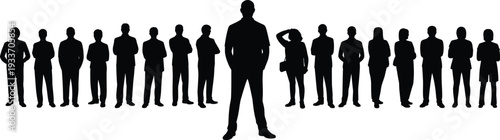Business leader silhouette standing in front of corporate team, diverse men and women isolated on white background, leadership authority and teamwork concept
