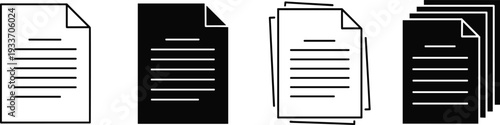 Document file icon set, black and white paper sheet symbols, stacked pages illustration, business report vector isolatedv