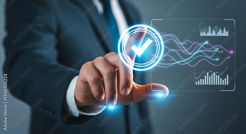 Fototapeta premium Man pointing finger at check mark on digital screen with data charts and network lines in business setting