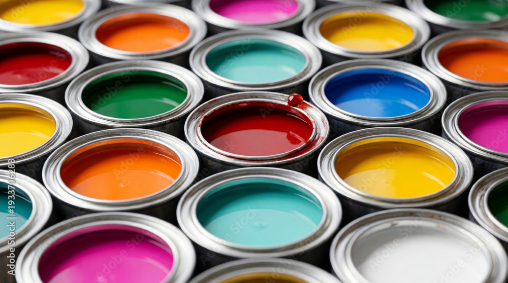 Fototapeta premium Collection of open paint cans in various vibrant colors, with a red paint drip. Ideal for art, DIY, and creative projects