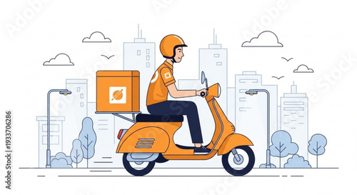 Dynamic flat illustration of a delivery person in orange uniform and helmet riding a yellow scooter with a large orange insulated box on the back navigating a stylized