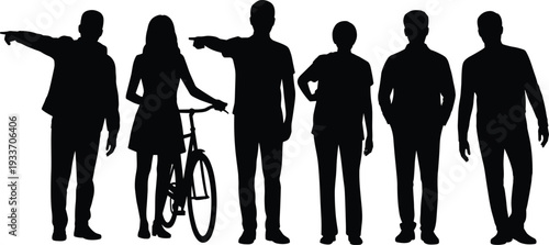 Group of people silhouettes with bicycle and pointing gestures, men and women standing together isolated on white background, teamwork and direction concept
