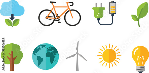 Eco friendly and renewable energy icon set, bicycle, wind turbine, solar sun, plug and green earth symbols