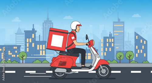 Delivery rider on scooter with food box cityscape background daytime urban scene