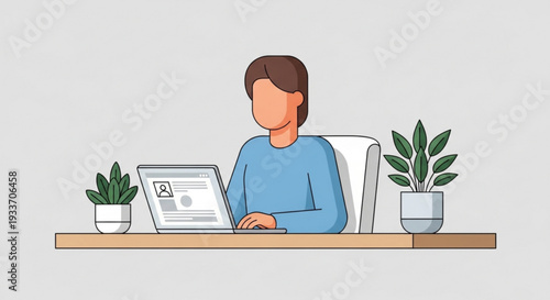 A brown haired person in a blue shirt works on a laptop at a wooden desk with two potted plants